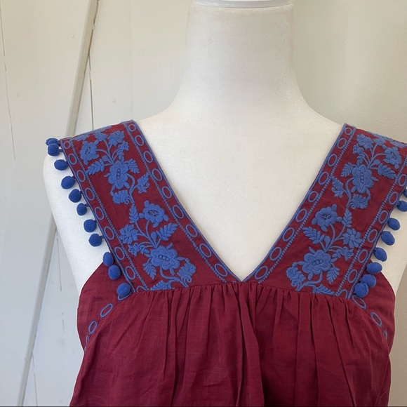 J. Crew embroidered Pom Pom boho tank top blouse wine and blue size 6 - Picture 2 of 5